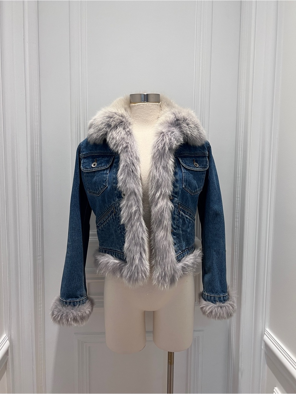 Vintage Denim Jacket with Faux Fur Trim - Blue - Picture 8 of 12